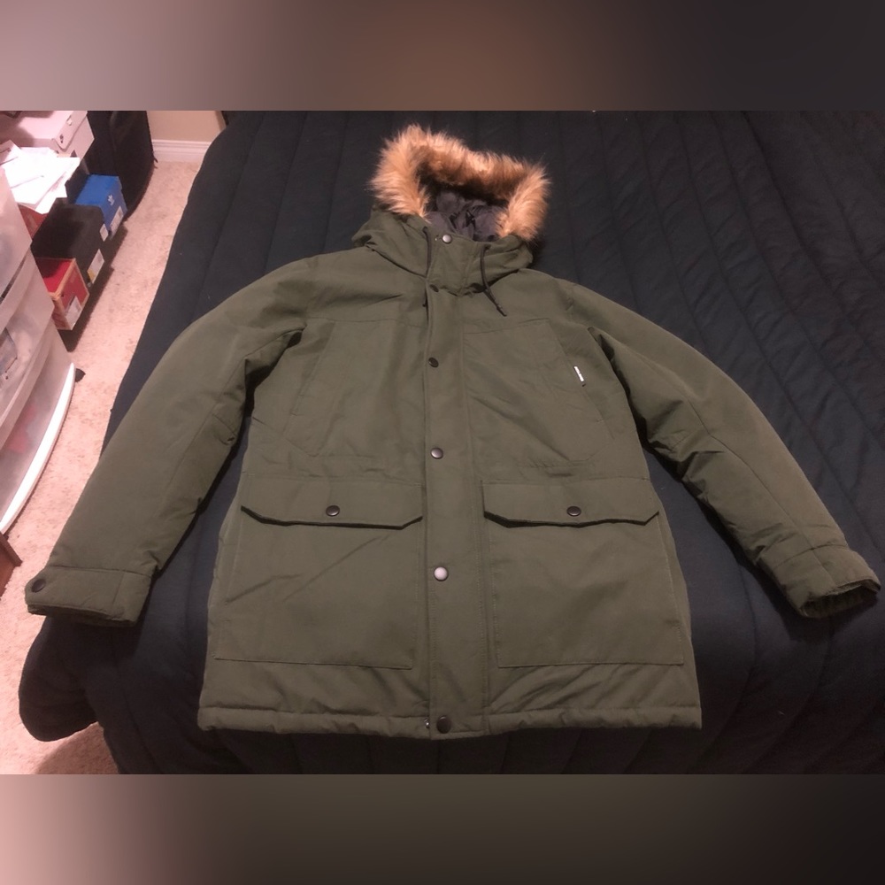 Men's Green Parka with Faux Fur Hood